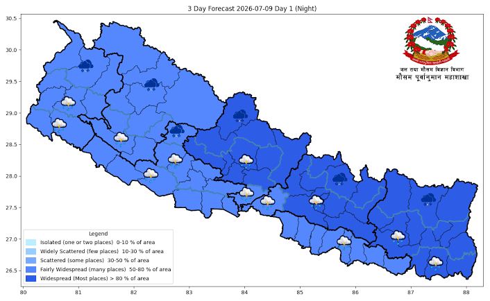आज पनि देशका अधिकांश क्षेत्रमा वर्षाको सम्भावना, केही स्थानमा भारी वर्षा हुन सक्ने