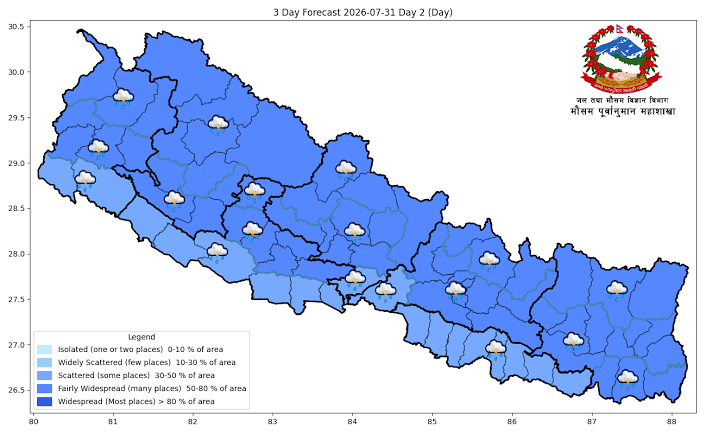 देशभर वर्षाको सम्भावना, तीन प्रदेशमा जोखिम
