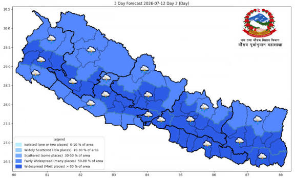 मनसुन सक्रियः आज चार प्रदेशका एकदुई स्थानमा भारी वर्षाको सम्भावना